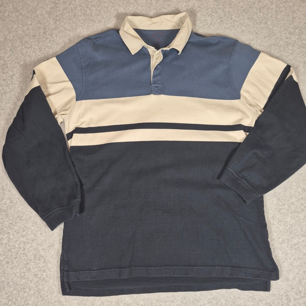 Y2K Arrow Rugby Shirt Mens XL Blue Cream Colorblock Striped Long Sleeve Cotton